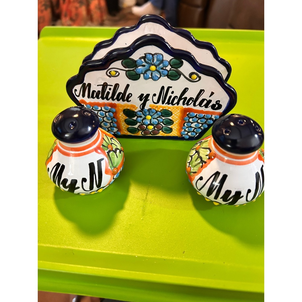 Talavera Pottery Napkin Holder Salt Pepper Shakers Matilde yNicholas Mexican Art